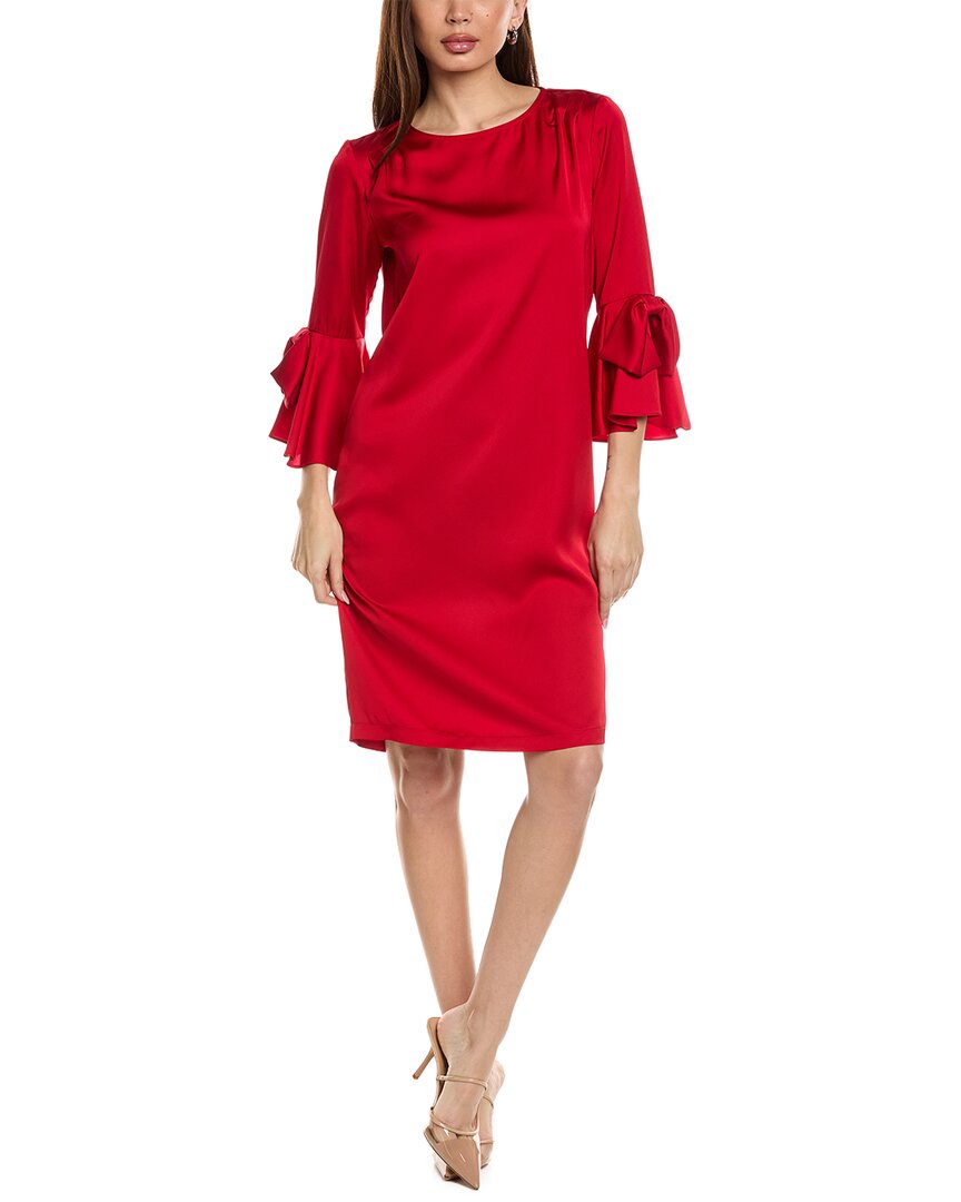 Joseph Ribkoff Satin Riffle Sleeve Straight Red Dress In Lipstick Red In Red