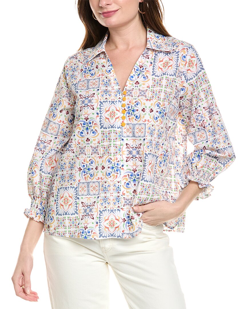 Foxcroft Alexis Watercolor Print Smocked Sleeve Cotton Popover Top In Pink