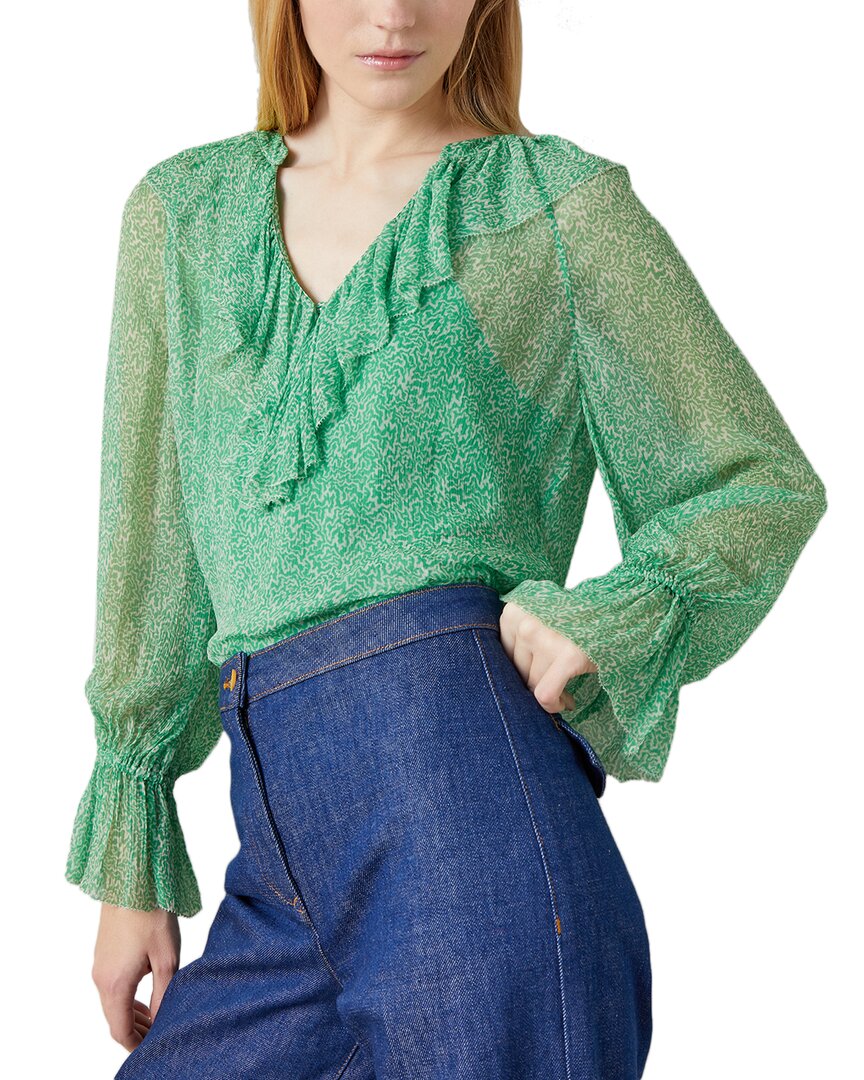 Lk Bennett Womens Mul-green Annie Frill-trim Graphic-print Woven Blouse In Green