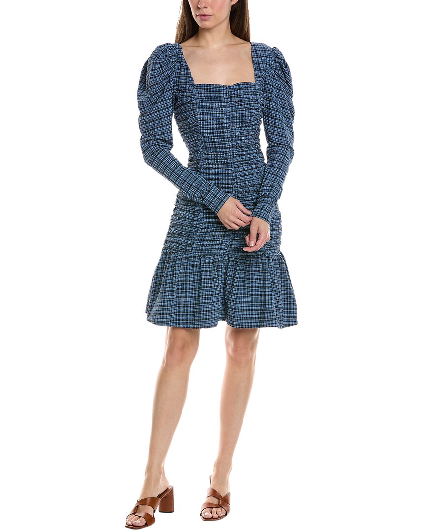 Ganni Ruched Checked Stretch Recycled-seersucker Mini Dress In Blue