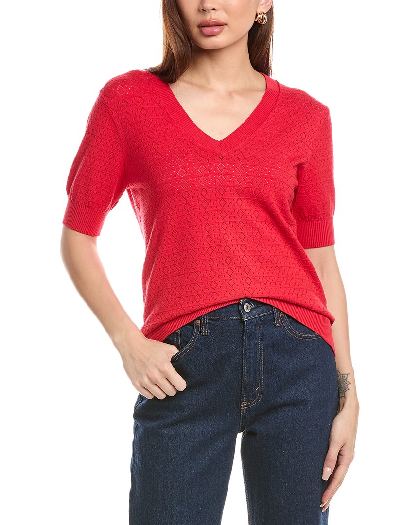 T Tahari Mitered Pointelle V-neck Short Sleeve Sweater In Red