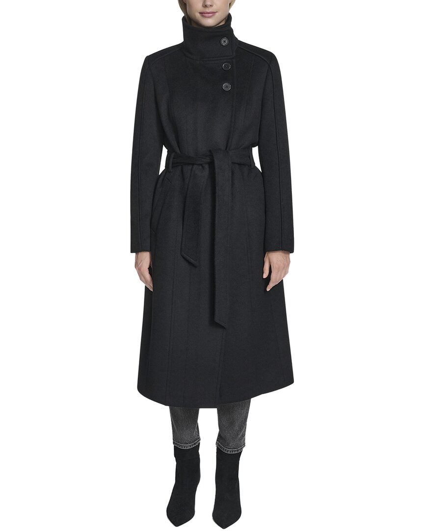 Cole Haan High Neck Slick Wool-blend Belted Coat In Black