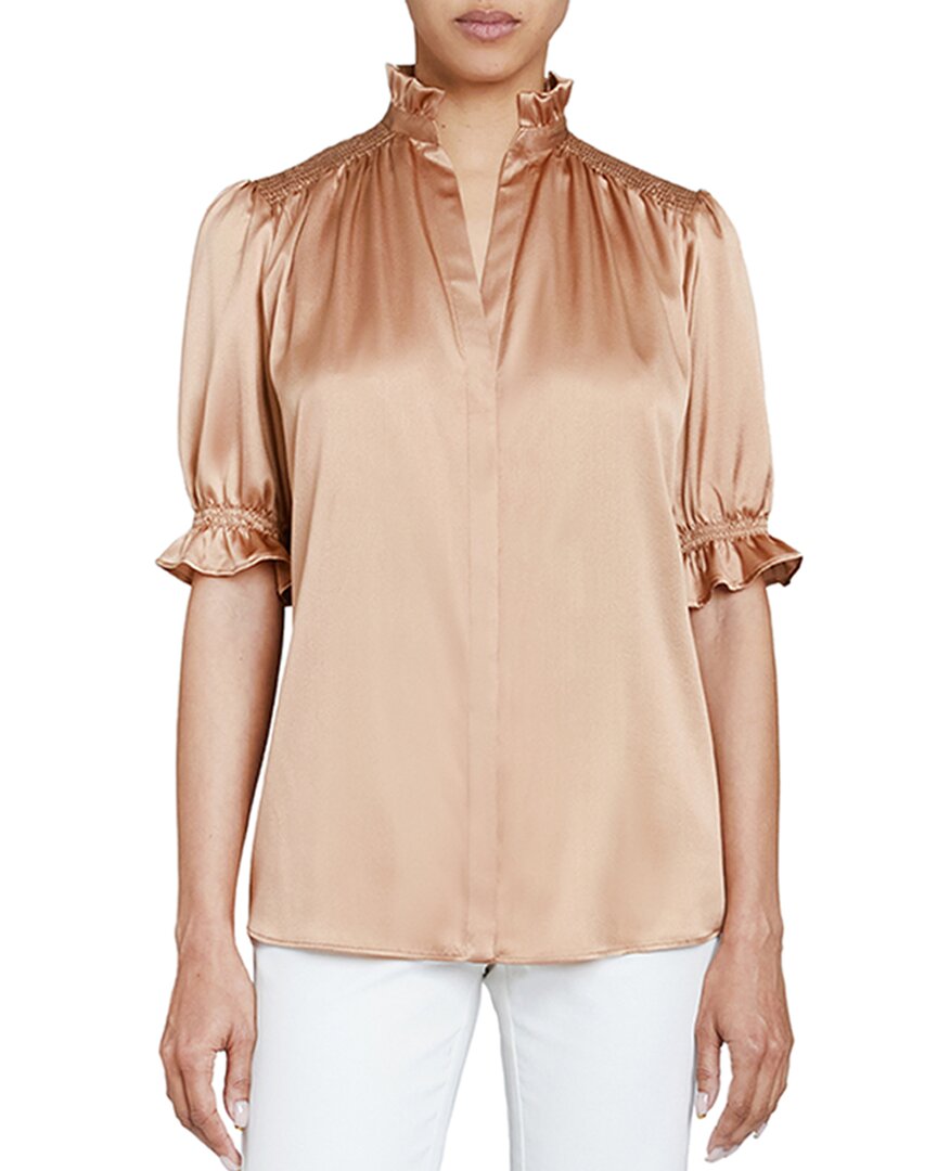 Santorelli Elisa Ruffle Neck Silk-blend Blouse In Brown