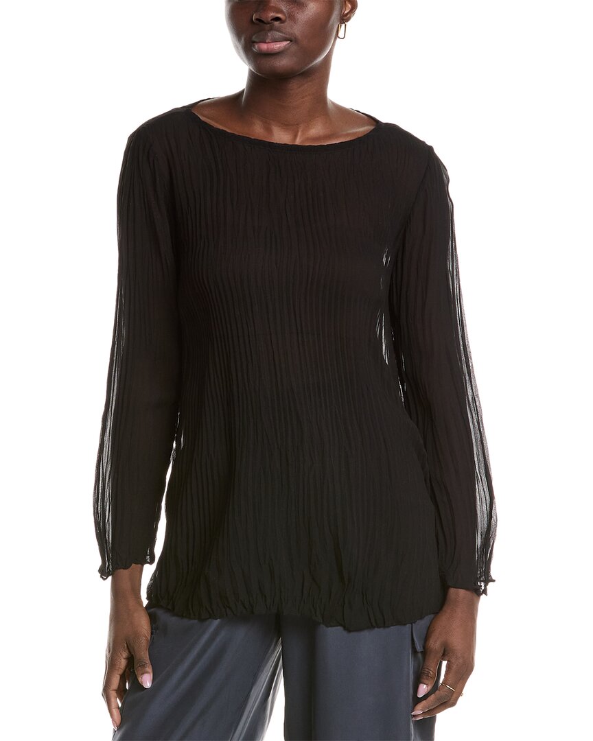 Eileen Fisher Bateau-neck Pleated Crinkled Georgette Tunic In Black