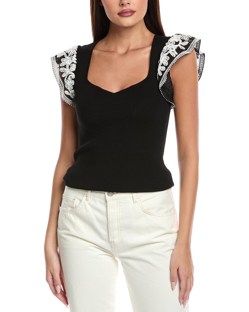 Elie Tahari Emily Embroidered Flutter Sleeve Sweater In Black