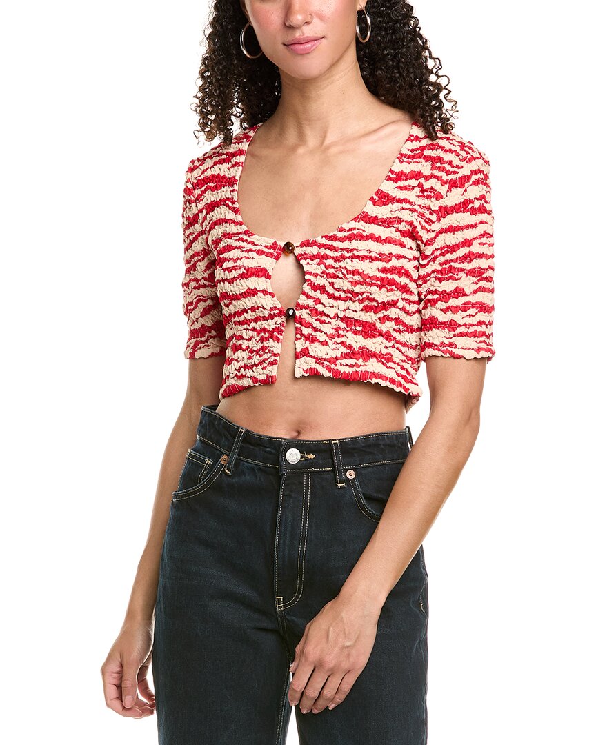Ganni Short Sleeve Printed Georgette Cropped Smock Blouse
