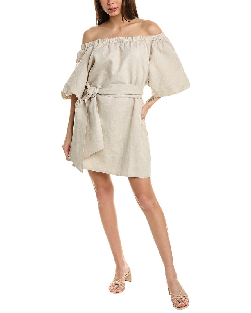 Shop Beulah Off-the-shoulder Linen-blend Mini Dress In Beige