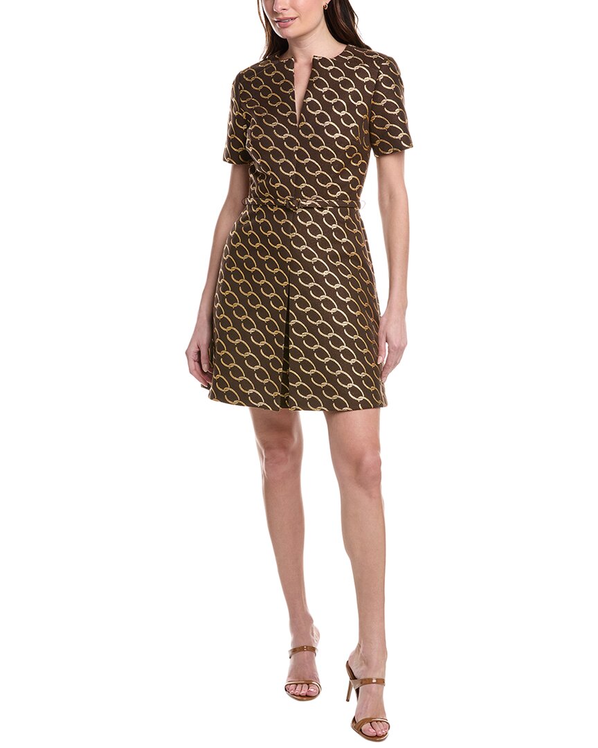 Shop Oscar De La Renta Split Neck Logo Chain Jacquard Silk-lined Silk-blend A-line Dress In Brown