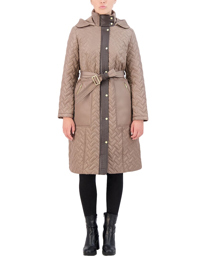 Cole Haan Signature Quilted Belted Coat In Brown