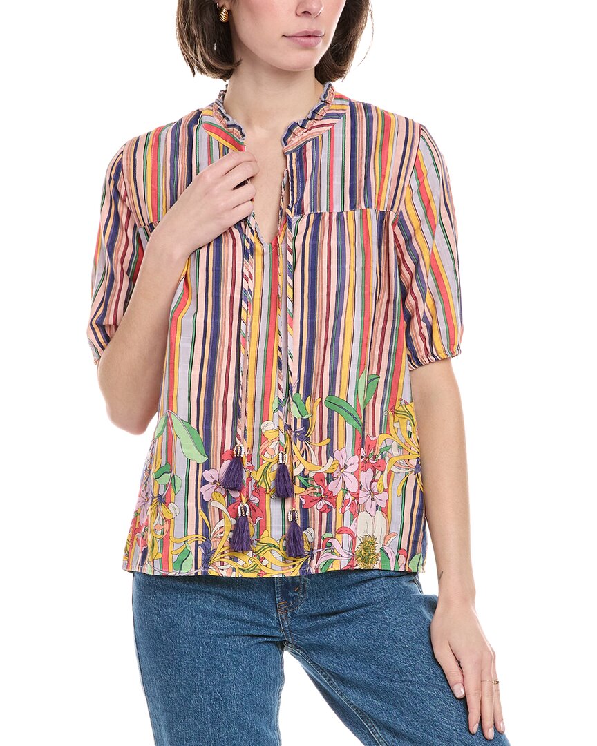 Johnny Was Aldrich Stripe Pleated Yoke Linen-blend Blouse In Multi