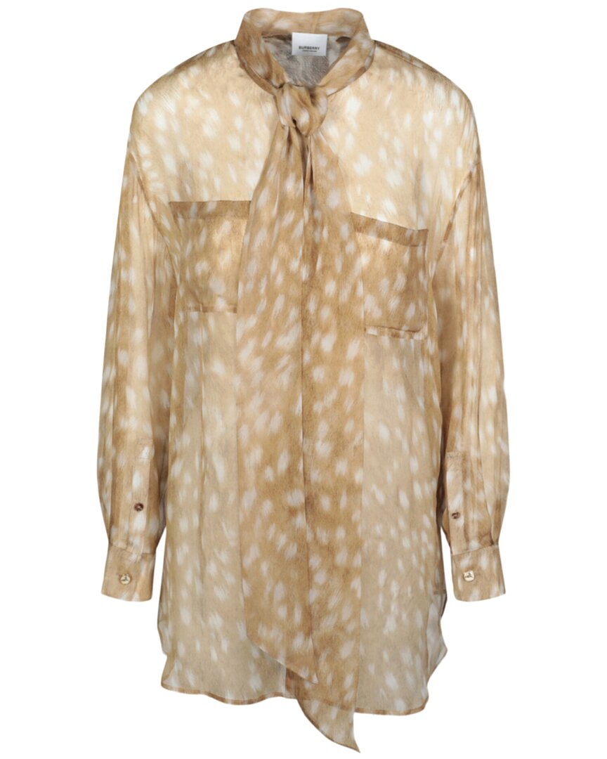 Burberry Tied Deer-printed Silk Blouse Woman Shirt Multicolored Size 8 Silk In Beige