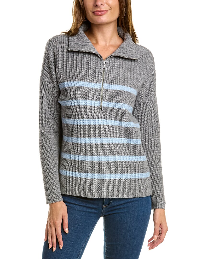 Shop Forte Cashmere Striped Rib Mock Neck Wool & Cashmere-blend 1/2-zip Sweater In Grey