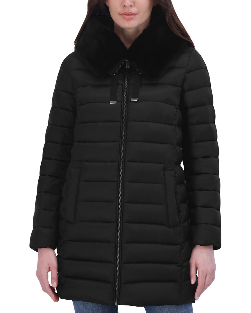 Tahari Women's Faux-fur-trim Hooded Packable Shine Puffer Coat