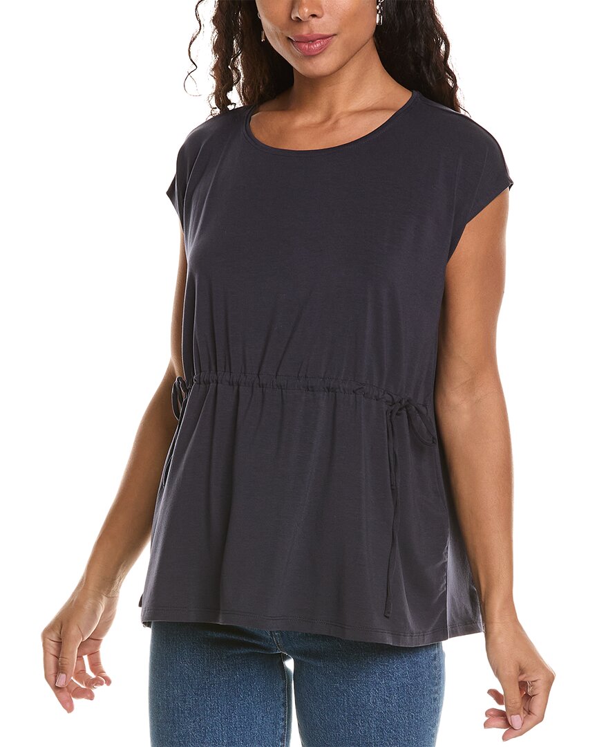 Eileen Fisher Cap-sleeve Drawstring Jersey Knit Top In Navy