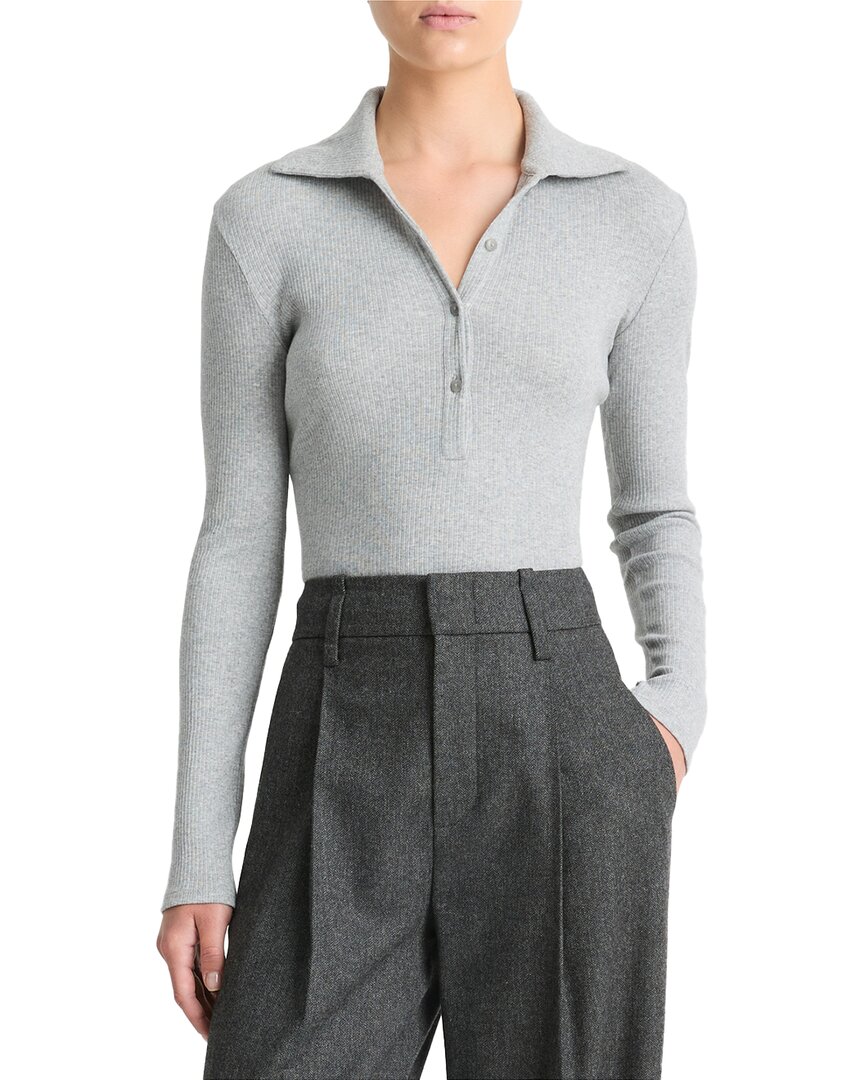 Vince Ribbed Cotton Long-sleeve Polo Shirt In Heather Mid Grey