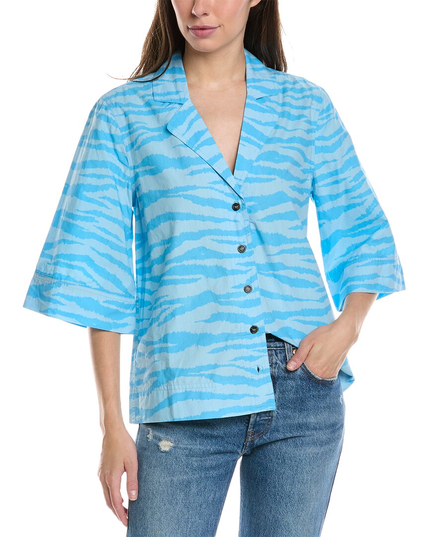 Denim Blue Printed Mesh Long Sleeve Blouse | GANNI US