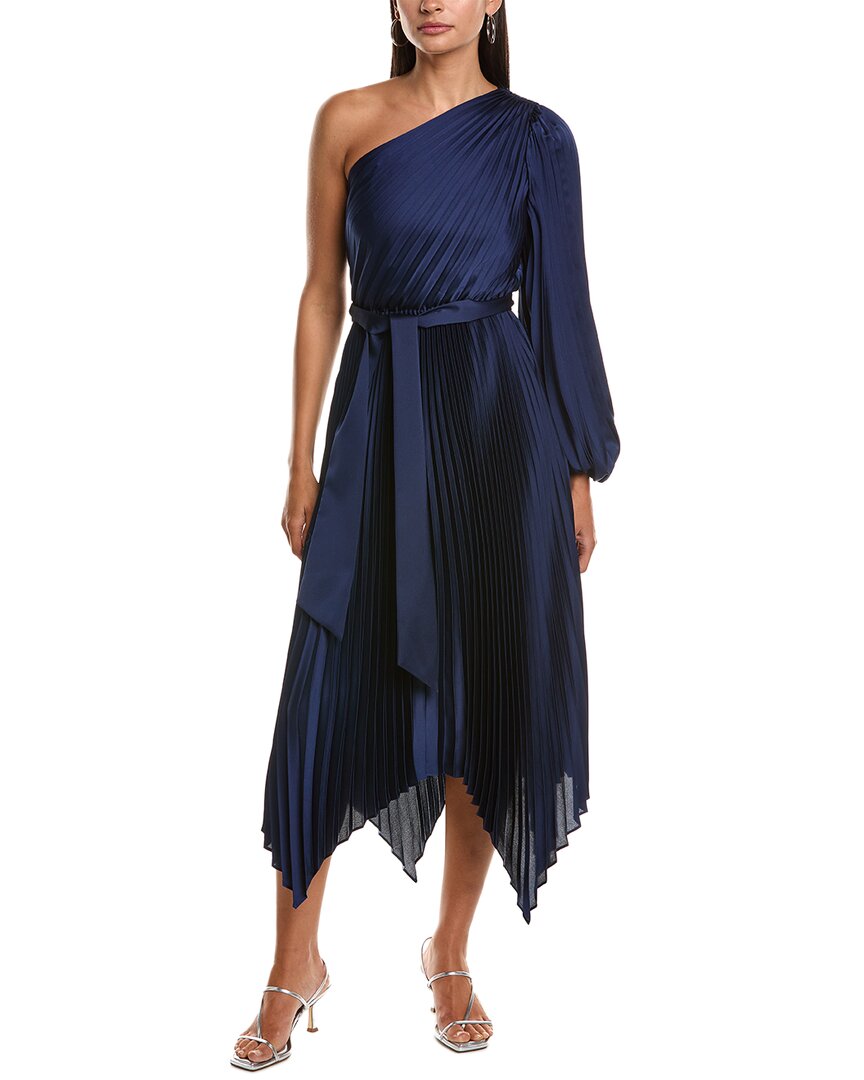 Milly Essi Satin Pleated One Shoulder Maxi Dress