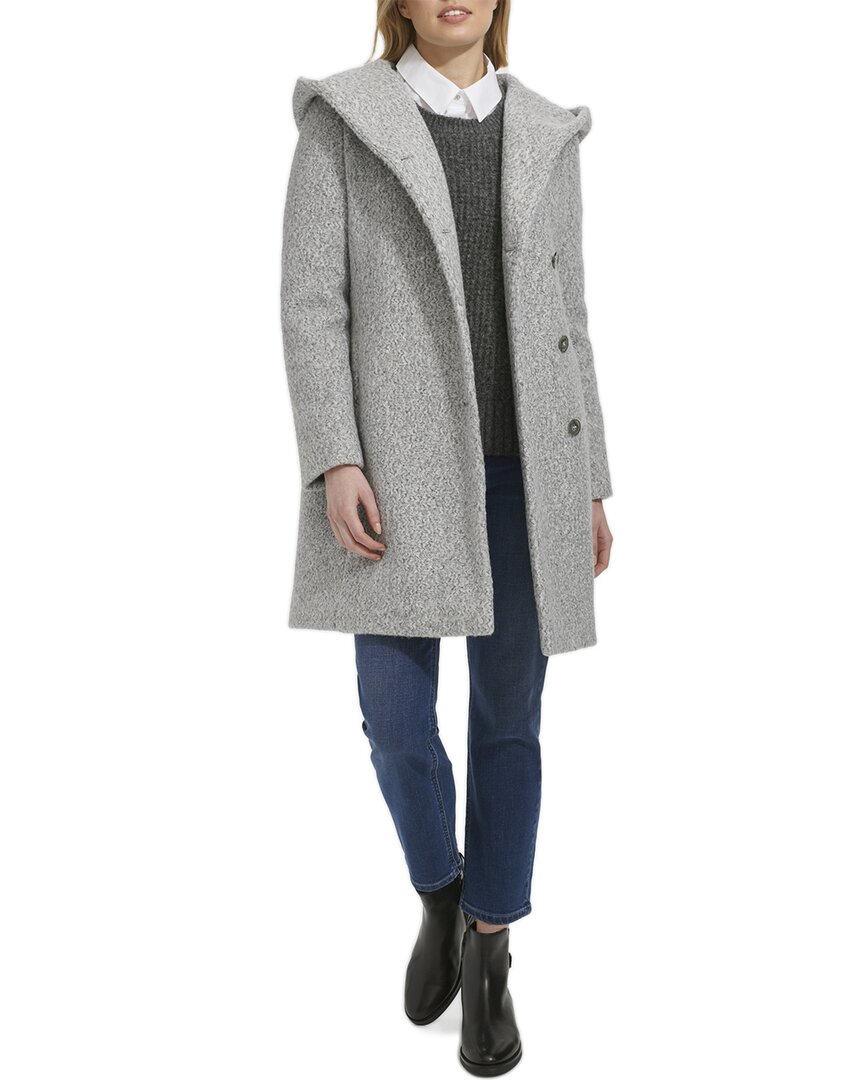 Cole Haan Pressed Boucle Shawl Hood Coat In Grey