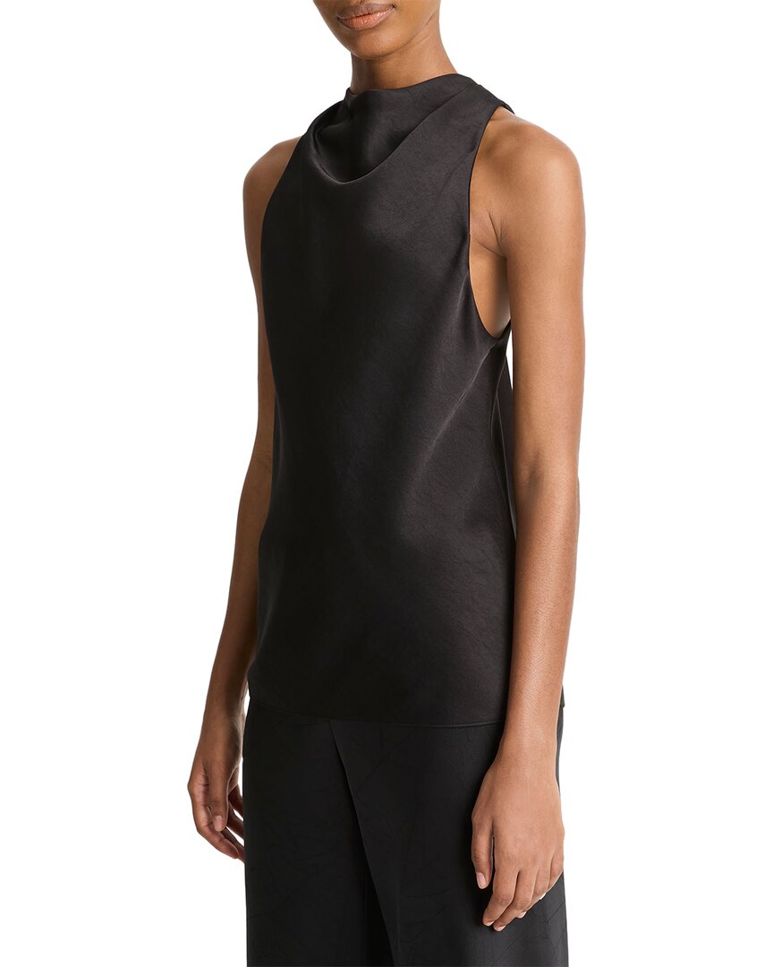 Vince Satin Top With Drop Collar And Diagonal Cut In Black