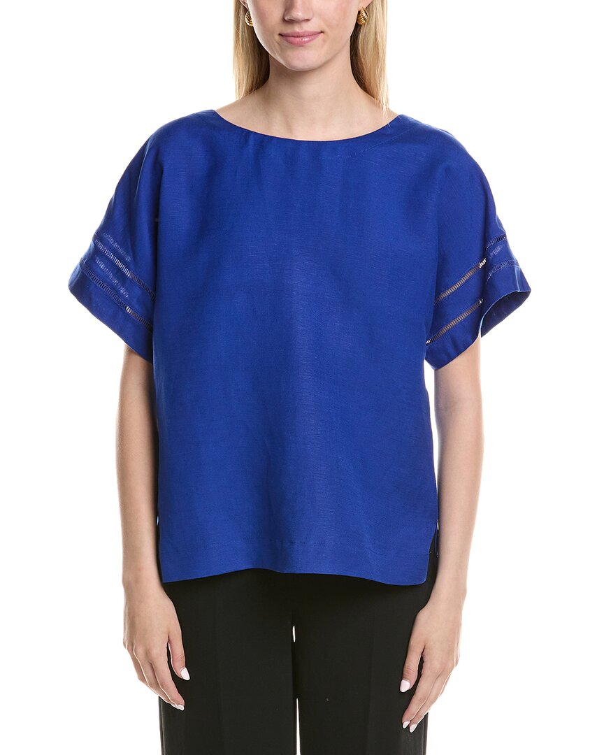 Anne Klein Ladder Stitch Inset Linen Blend Top In Blue