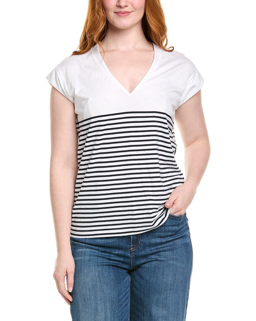 Frame Le Mid Rise Stripe V-neck Cotton T-shirt In Blue