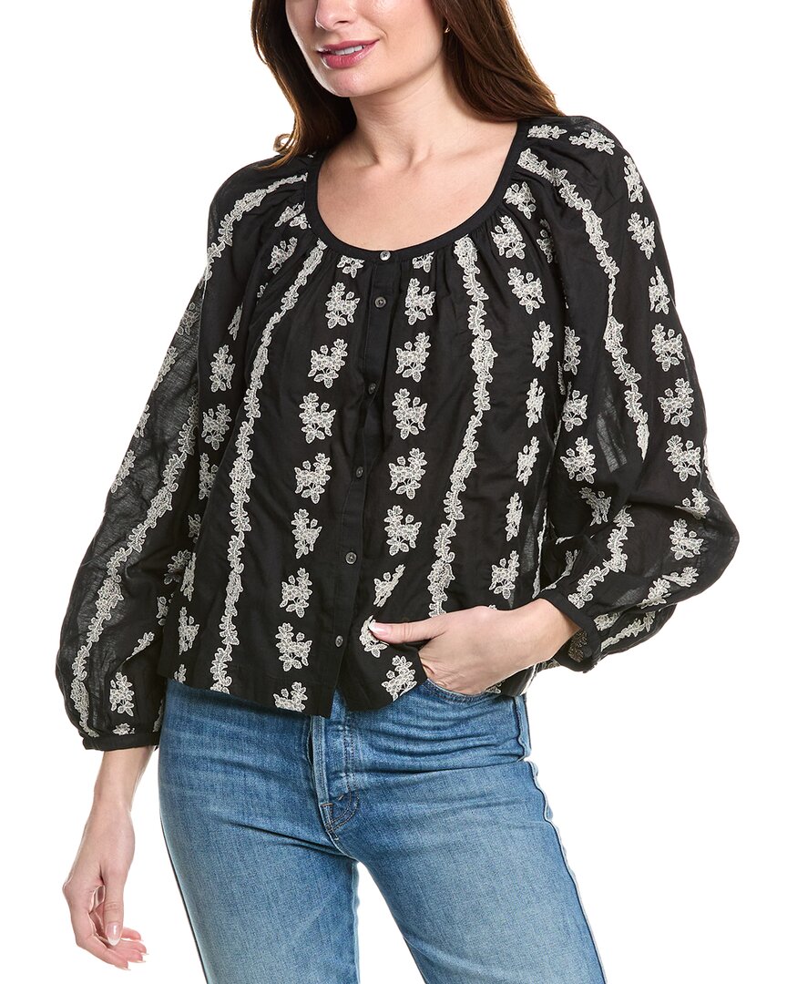 Madewell Embroidered Puff Sleeve A-line Top In Black