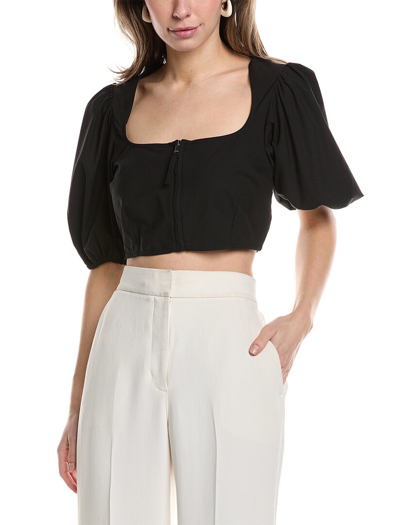 Shop Ganni Drapey Melange Cropped Zipper Blouse In Black