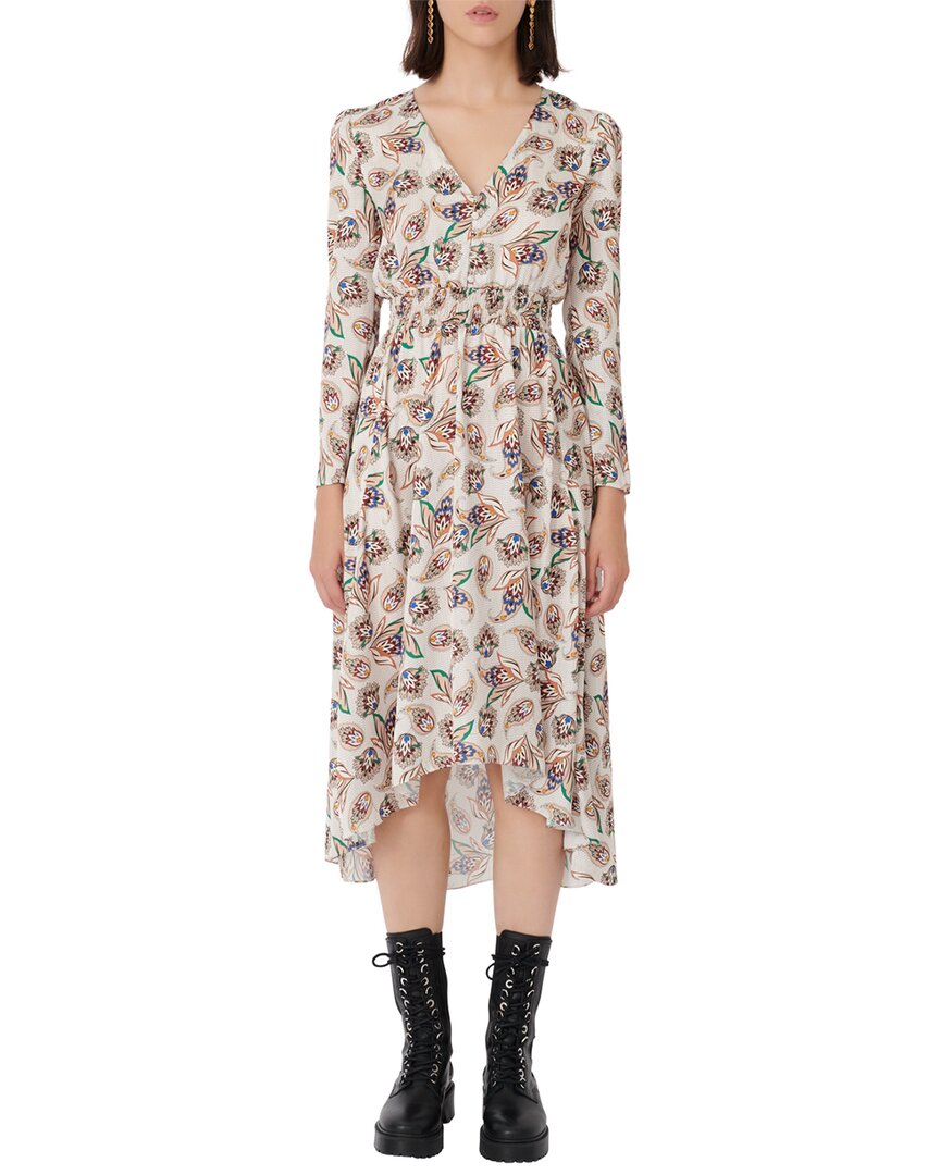 Maje Printed Satin Dress With Smocking