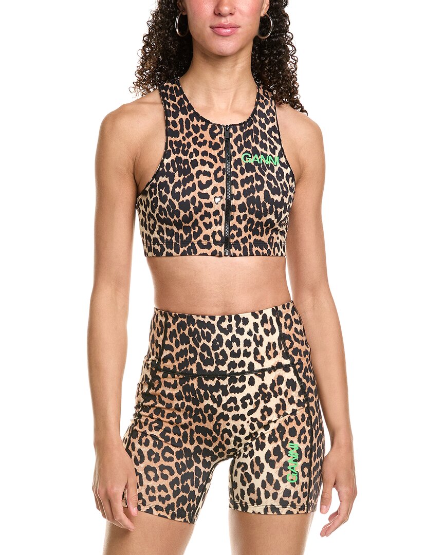 Ganni Leopard-print Zip-up Crop Top