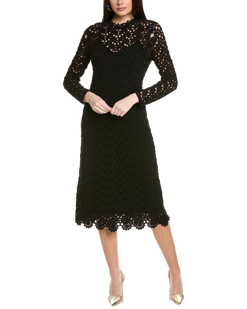 Shop Carolina Herrera Mock Neck Crochet Midi Dress In Black