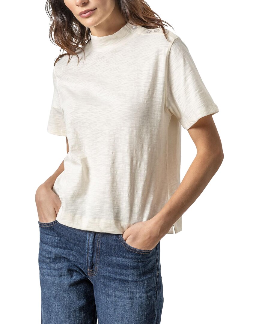 Lilla P Button Shoulder Mock Neck Tee In Talc In White