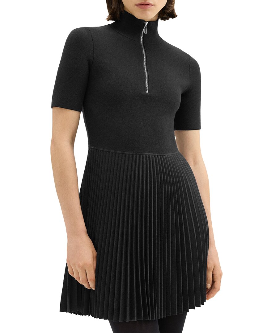 Shop Theory Zip-up Combo Wool-blend Sweaterdress In Black