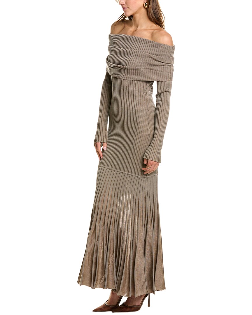 Nicholas Maxine Off-the-shoulder Metallic Ribbed-knit Maxi Dress In Grey