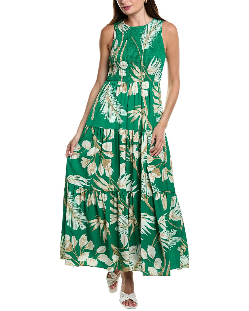 Anne Klein Palm Print Smocked Tiered Maxi Dress In Green