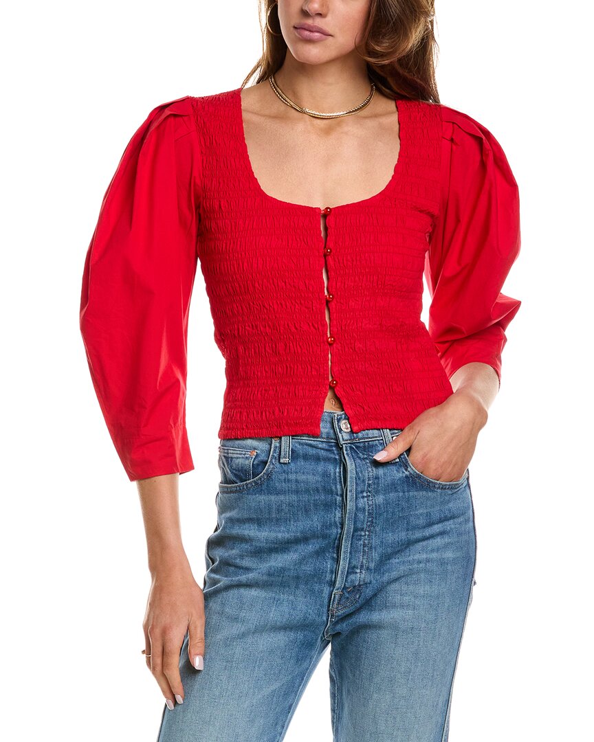 Ganni Smocked Poplin Blouse In Red