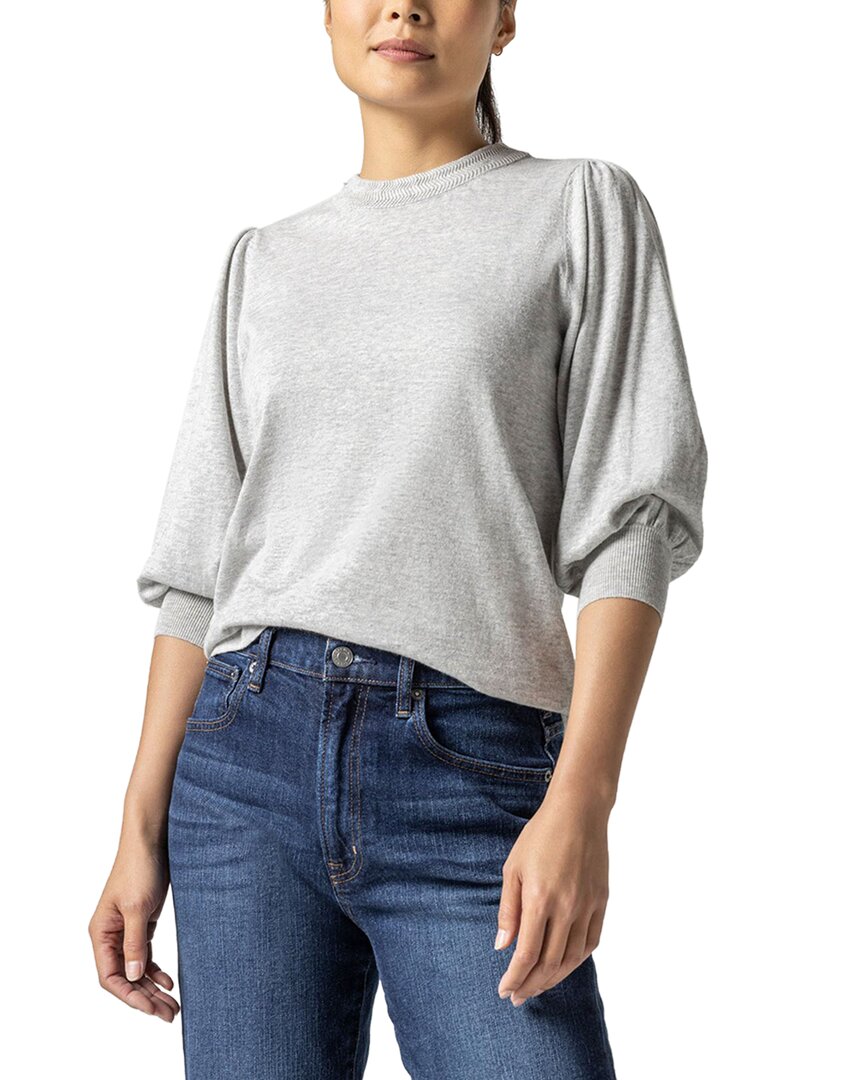 Lilla P Rib Trim Puff Sleeve Linen-blend Sweater In Grey