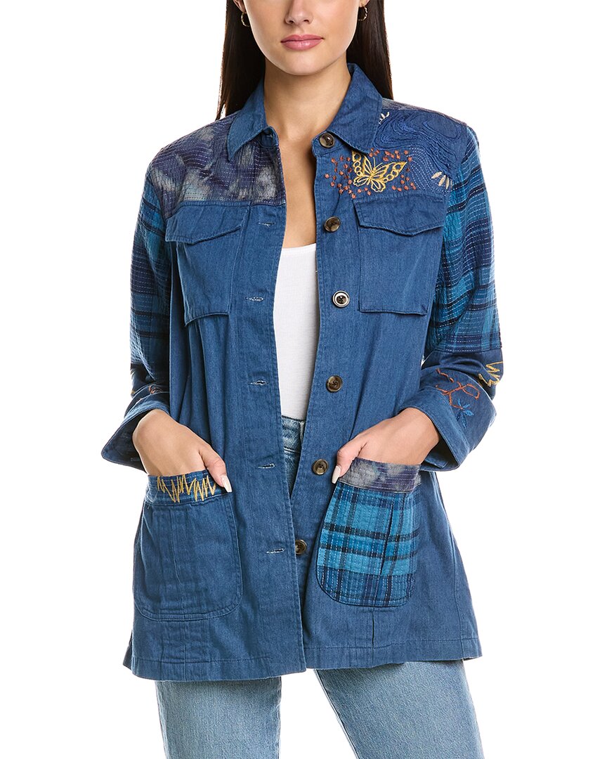 Johnny Was Moonlight Tie Dye Patchwork Military Jacket In Denim Blue In Blue