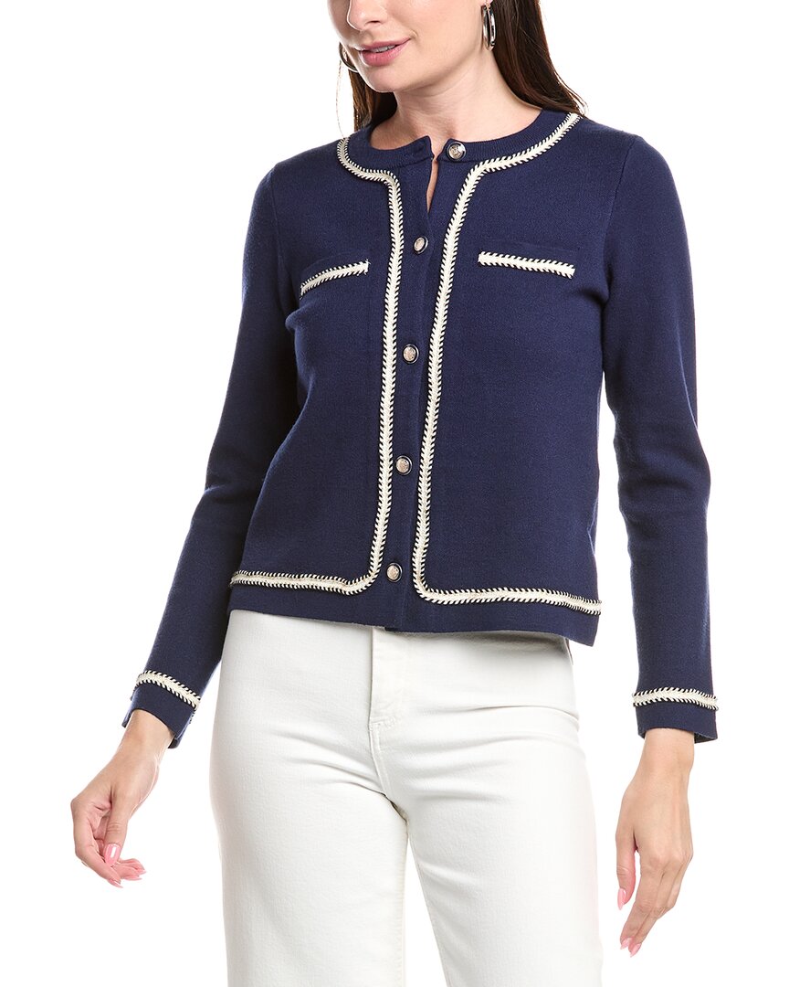 T Tahari Long Sleeve Crewneck Button Down Cardigan In Blue
