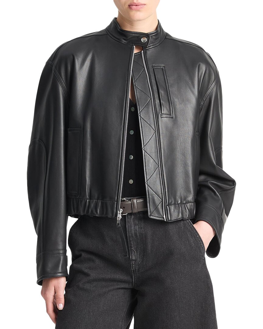 Vince Leather Cropped Bomber Jacket In Black
