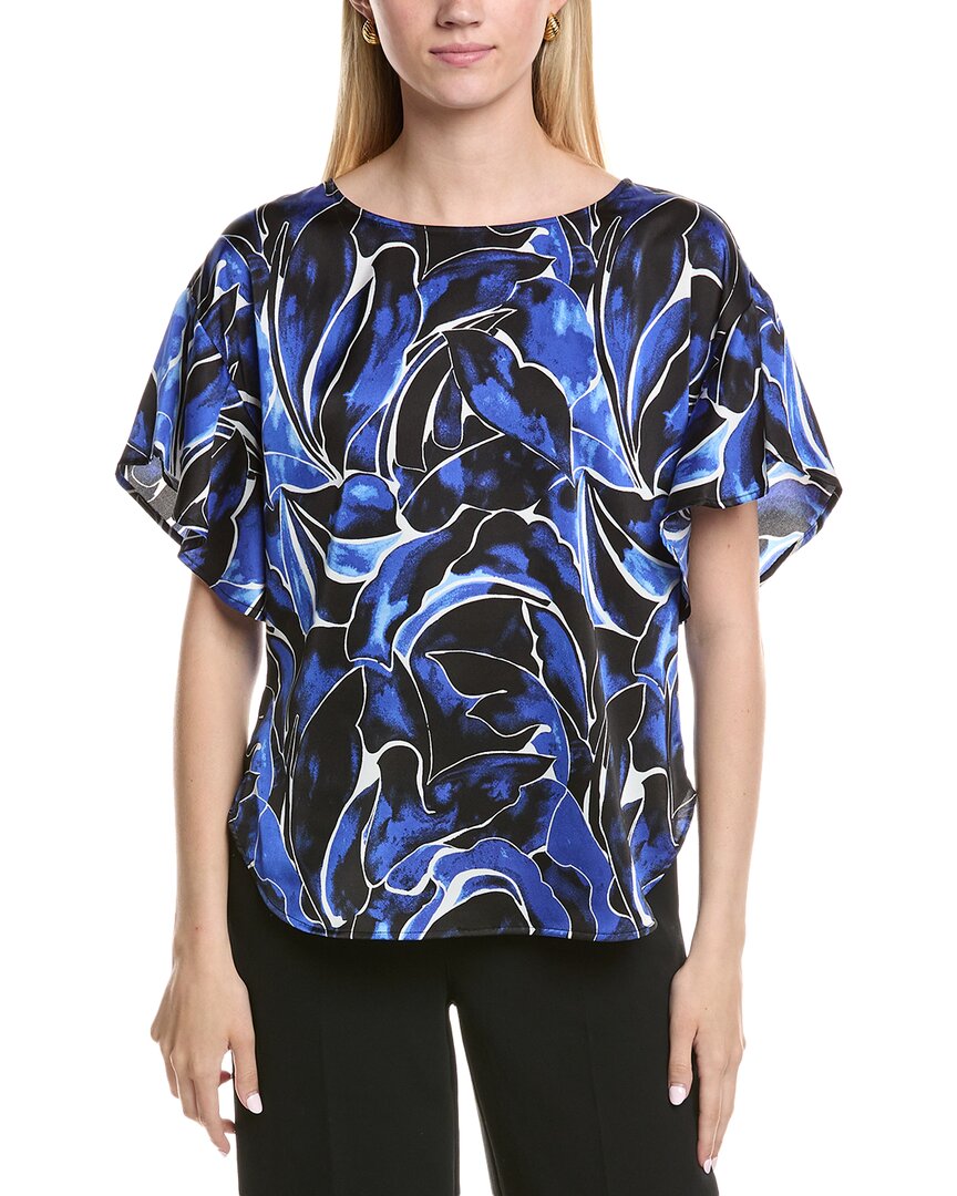 Anne Klein Abstract Floral Flutter Sleeve Top In Blue