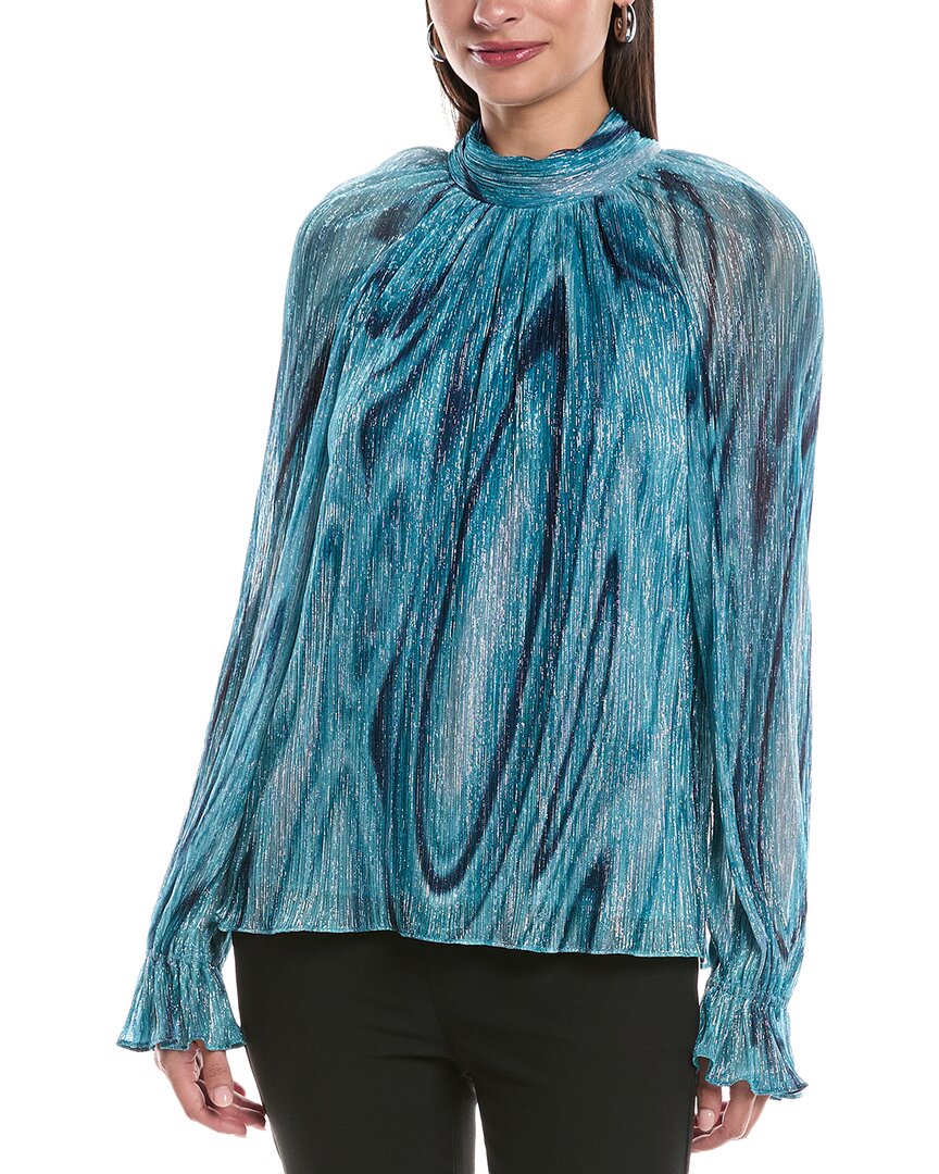 Ramy Brook Anneli Metallic Thread Mock Neck Long Sleeve Top In Blue