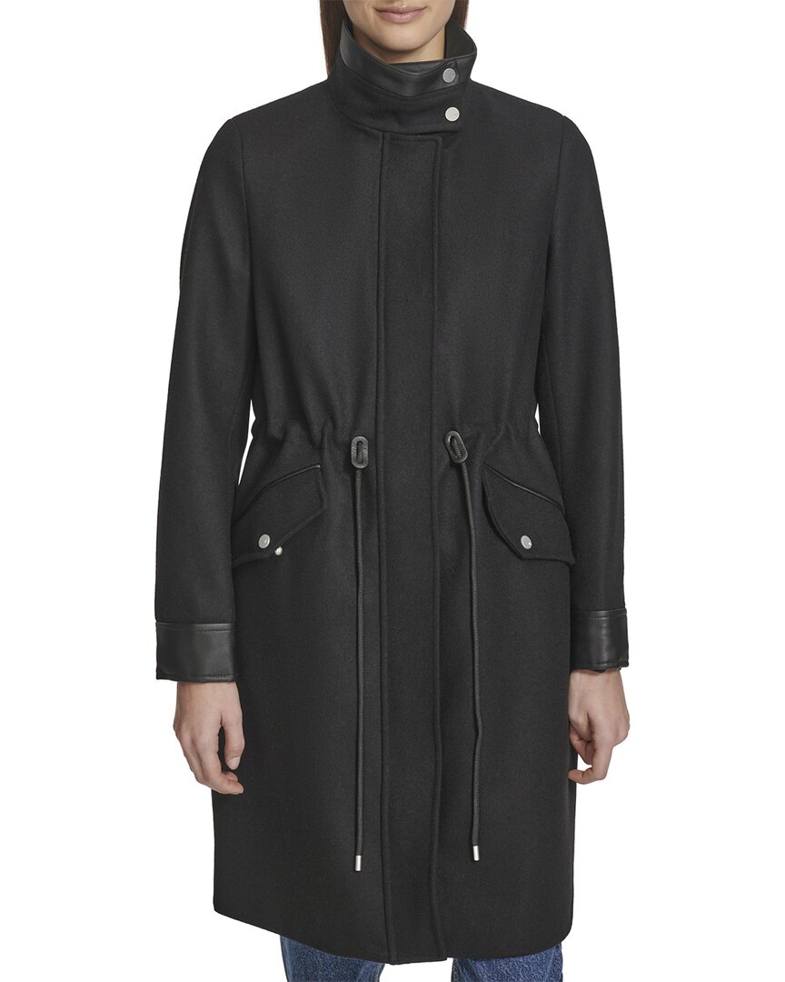 Andrew Marc Feather Leather Trim Wool Blend Coat