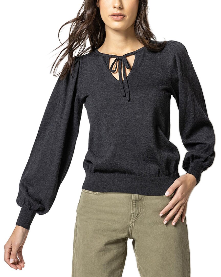Lilla P Tie Front Puff Sleeve Silk-blend Sweater In Black