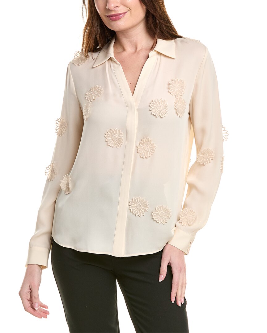 Elie Tahari Jaslynn Floral Applique Silk Blouse In Sand In Blue