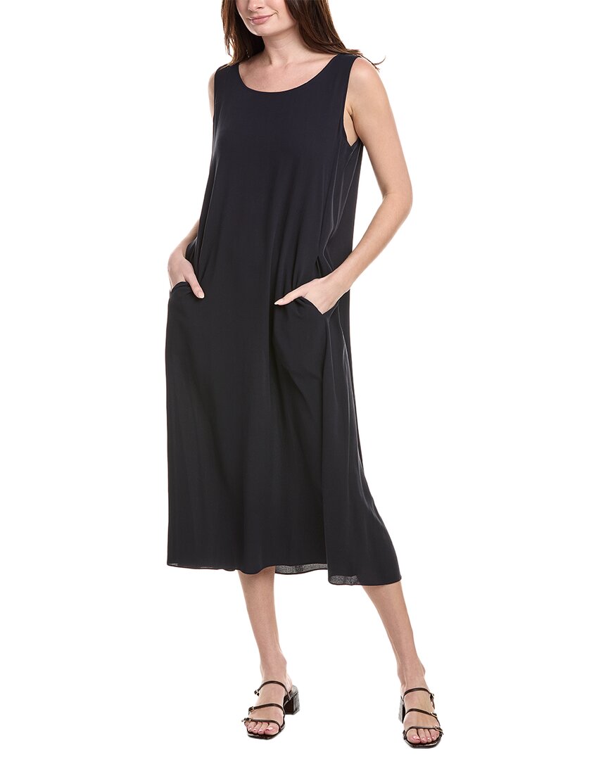 Eileen Fisher Black Silk Crepe De Chine Midi Dress In Blue
