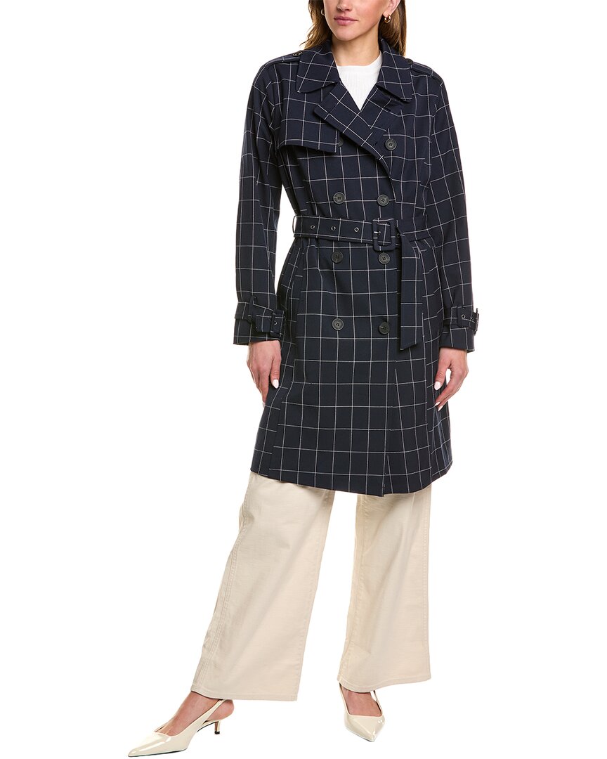 Ellen Tracy Windowpane Trench Coat In Blue
