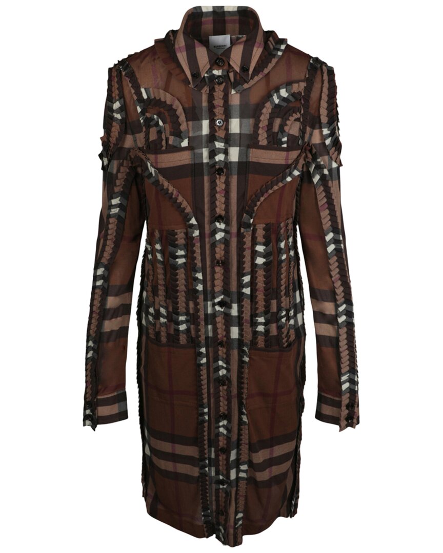 Burberry Pleated Button-down Shirt Dress Woman Midi Dress Brown Size 8 Viscose, Elastane In Brown