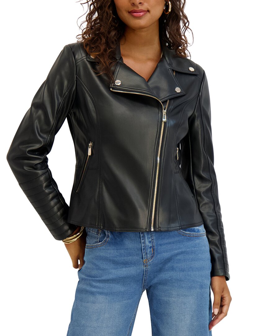 Kensie Faux Leather Moto Jacket In Black