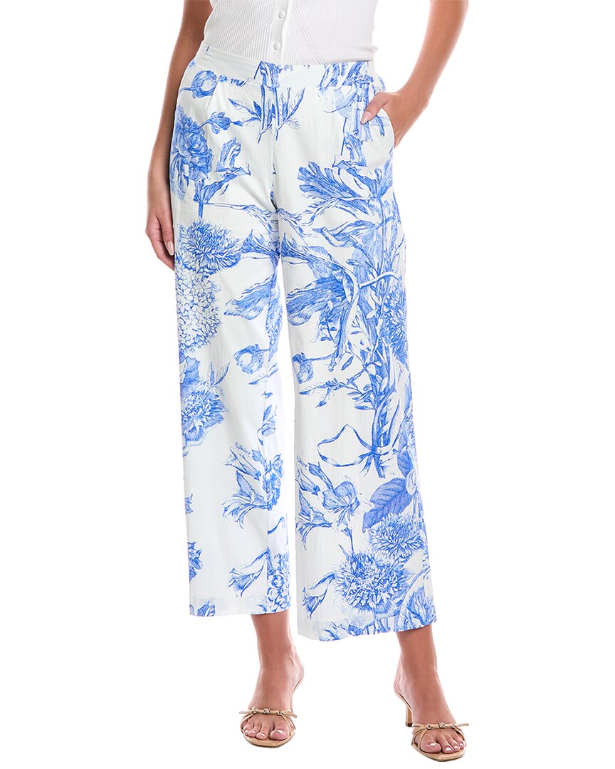 T Tahari Print Linen-blend Pant In Blue