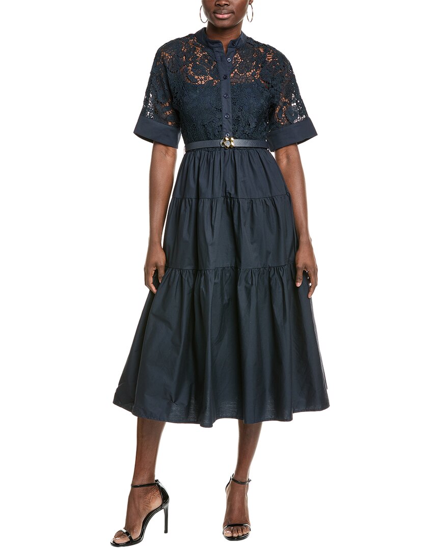 Gracia Button Front Buckle Belt Maxi Dress In Blue